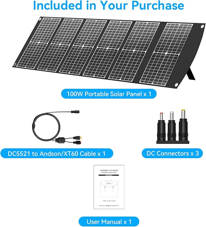 100W Portable Solar Panel Extremely Lightweight Compact Foldable with USB QC3.0, Type-C PD3.0, Anderson and XT60 DC 20V for Camping Power Station, Solar Generators, Cell Phones