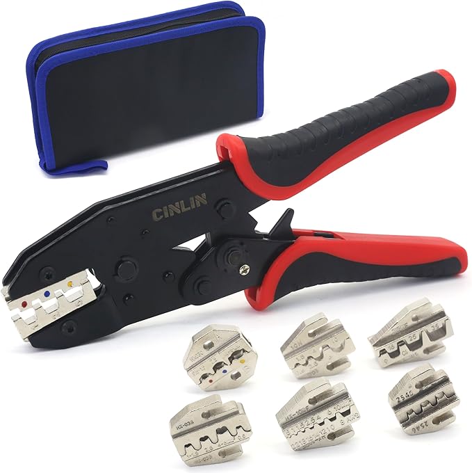 Ratcheting Wire Crimping Tools Set,For Heat Shrink Terminals, Non-Insulated, Open Barrel, Solar Conncetors, Insulated and Non-Insulated Ferrules,Crimping pliers + 6-jaw set,Crimp tool