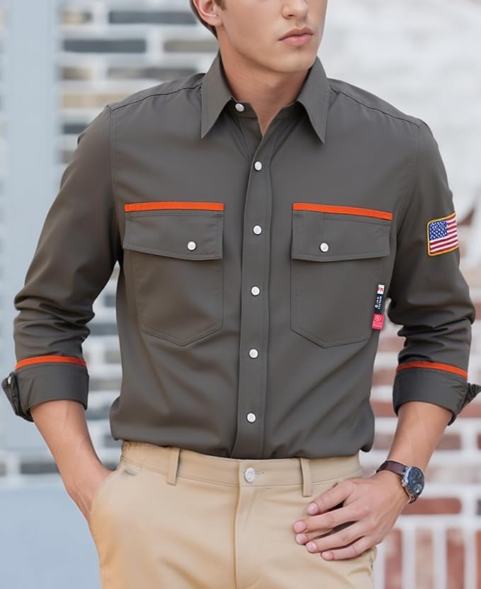BOCOMAL FR Shirts for Men Flame Resistant Light Weight NFPA2112 Fire Retardant Welding Shirt Water & Oil Repellent Finish