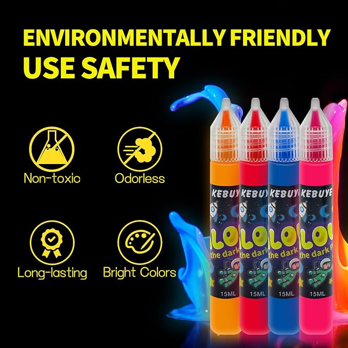 Glow in the Dark Acrylic Paint - Set of 12 Colors, Uv Reactive Blacklight Paints for Painting Outdoor and Indoor Decoration - Fluorescent Paint Kit for Canvas Art Supplies for Easter Chrismas Painting