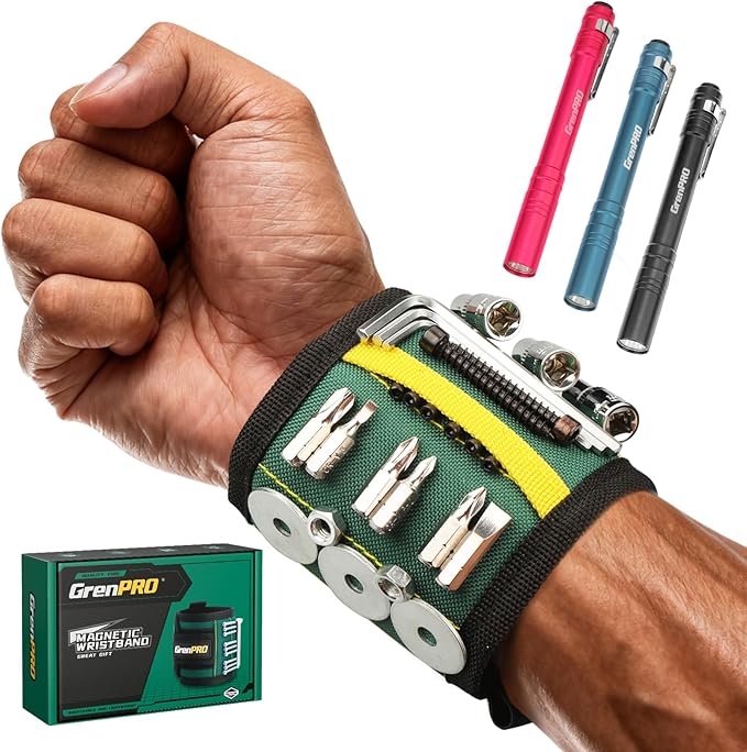 Magnetic Tool Wristband with 3 LED Flashlights Heavy Duty Oxford Belt for Holding Screws Nails Bits Cool Gifts for Men Dad Husband Him