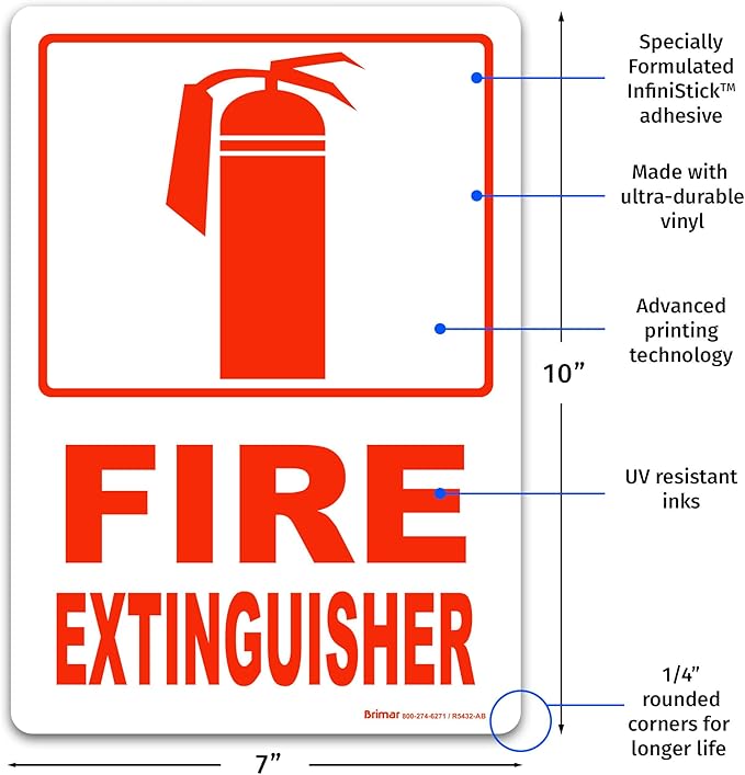 Brimar - 7" x 10" - Fire Extinguisher Sign - 3.5 Mil InfiniStick™ Vinyl Label - Bold Text - Easy Installation