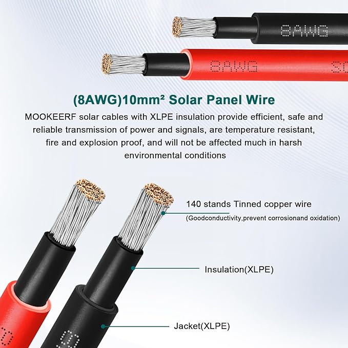 Solar Panel Extension Cable - 8AWG 50FT Solar Wire with Female & Male Waterproof Connector Flame Retardant Protective Sleeving PV Wire for RV, Photovoltaic Systems, Home, Boat, Solar Panels, Car