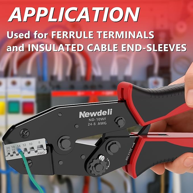 Newdeli Ferrule Crimping Tool 24-8 AWG Wire Ferrule Crimper - Ratchet Wire Crimper Tool for Ferrule Connectors Electrical Wire Terminals Ratcheting Crimping Plier Crimp Tool