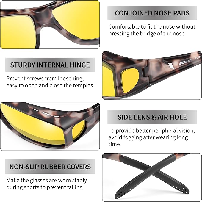 URUMQI Night Vision Driving Glasses Fit Over Eyeglasses for Men Women, Anti Glare Polarized Nighttime Glasses Yellow Lens