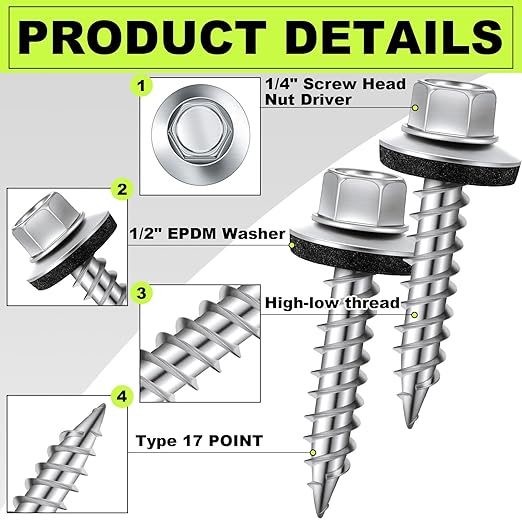Tandefio Hex Head Metal Roofing Screws Galvanized Roof Self Starting Tapping Siding Sheet with Rubber Washer Seal for Wood Panels Summer(Zinc,1000 Pcs,#10 x 1)