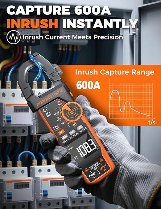 Inrush Clamp Meter with Flashlight,CM06 Clamp Multimeter,T-RMS 6000 Counts 600A Amp Meter with VFD, LOZ,NCV, AC/DC Voltage Current,Continuity Capacitance Frequency Resistance Temperature
