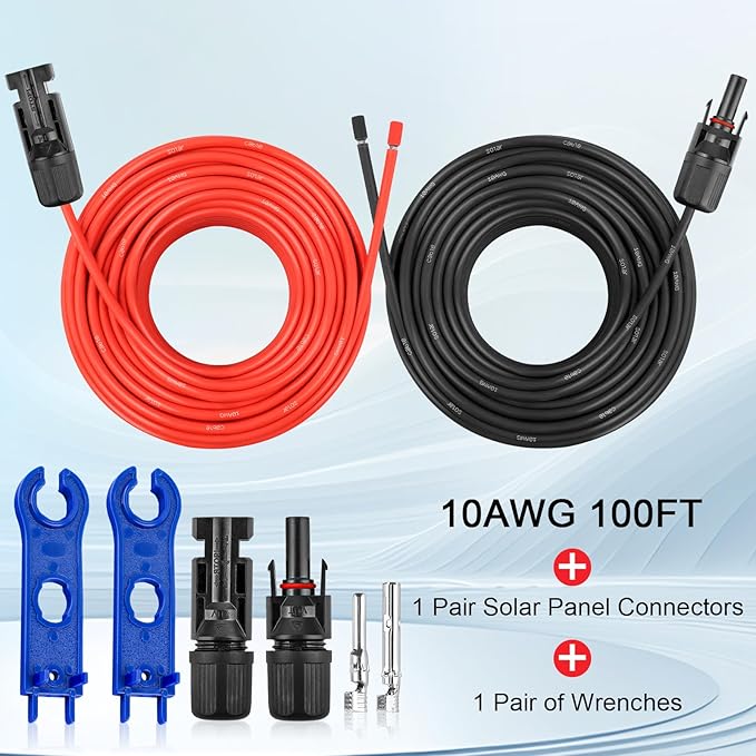 10AWG Solar Extension Panel Cable - 100FT PV Wire with Waterproof Female and Male Connector and Adaptor Kit Tool PV Wire for RV, Home, Boat, Solar Panels(100feet Red + 100feet Black)