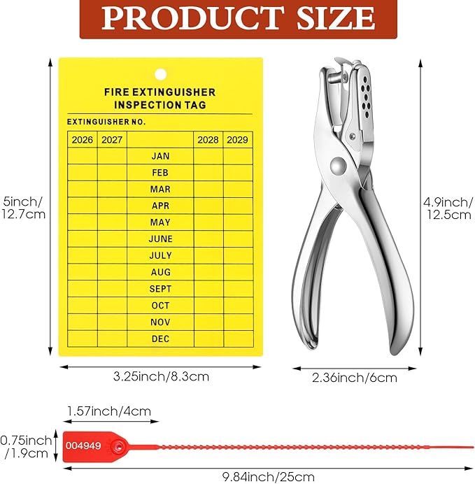 Chunful 101 Pieces Monthly Fire Extinguisher Inspection Tags 2026 to 2029 Plastic Maintenance Record Tags 5 x 3.25 Inch with Hole Puncher Adjustable Wire Ties Tamper Seals Numbered Security(Yellow)
