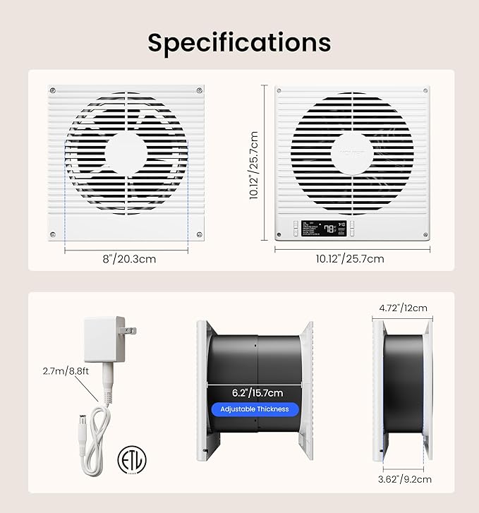 8" Room to Room Ventilation Fan with Remote, Quiet Reversible Through the Wall Air Transfer Fan, 10-Speed Smart Exhaust Vent, Temperature Control, ETL Certified for Bedroom, Kitchen, Laundry