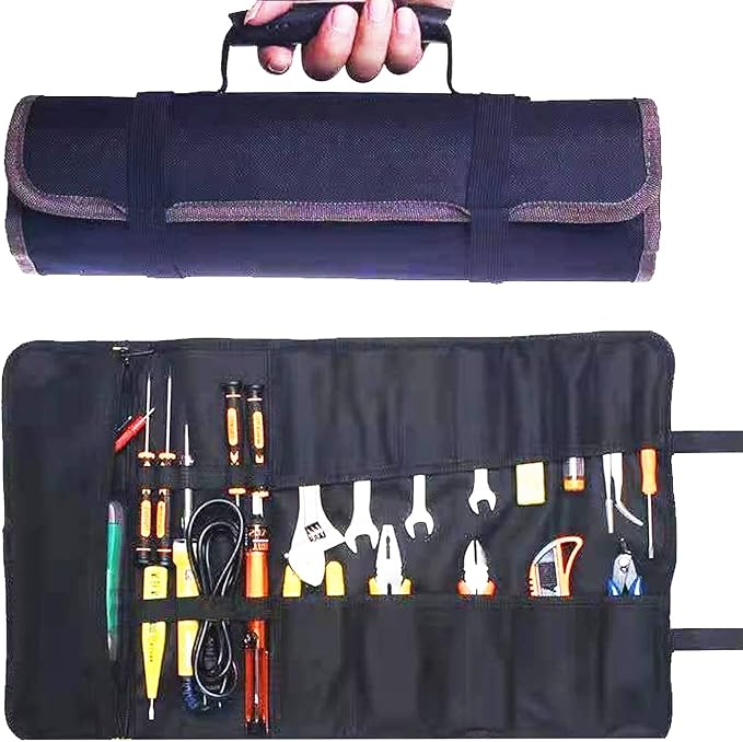 23 Pocket Tool Roll Up Bag for Wrenches & Spanners - Heavy Duty Oxford Organizer Pouch with Elastic Loops & Zipper Pocket, Portable Mechanic Storage Case for Motorcycle Truck Emergency Kit
