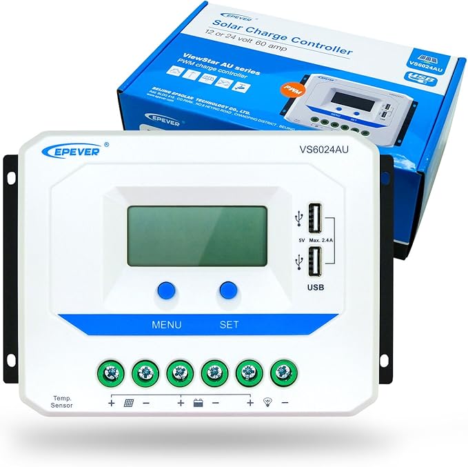 EPEVER Solar Charge Controller 60A 12V/24V Auto Work VS6024AU with Dual USB Ports Solar Panel Battery Regulator LCD Display for Solar System (60A)