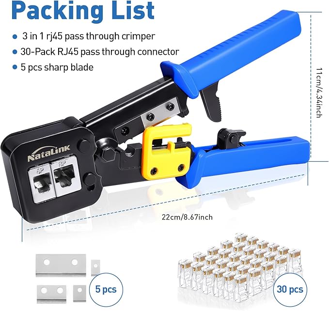 Pass Through RJ45 Crimp Tool Cat 6 Cat 5E Cat 5 Ethernet Crimper All-in-One RJ45 Crimping Tool with 30 Pcs Cat6 RJ45 Pass Thru Connector and Replacement Blade
