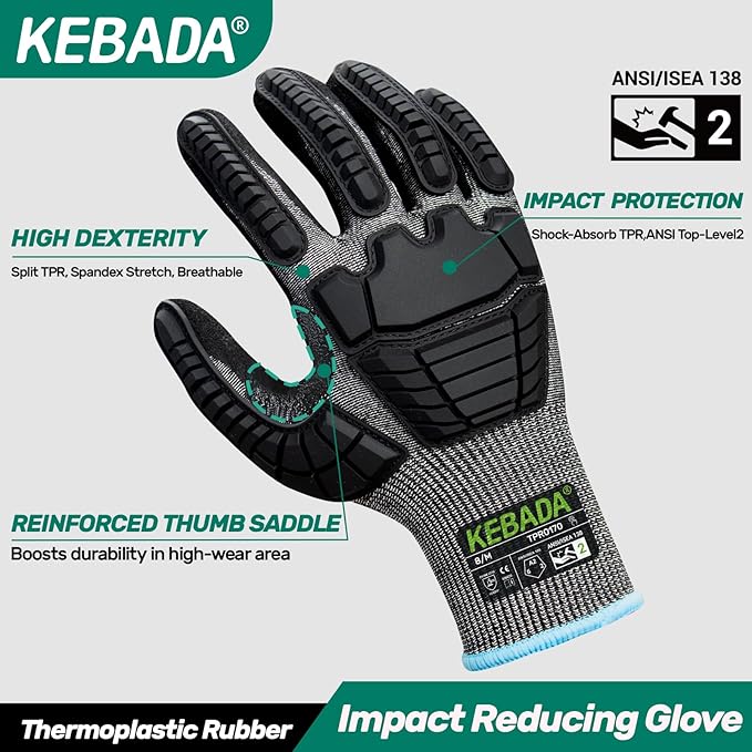 Kebada Impact Protection Gloves, ANSI A2 Cut Resistant Work Gloves with Grip, Touchscreen, Sandy Nitrile Coated