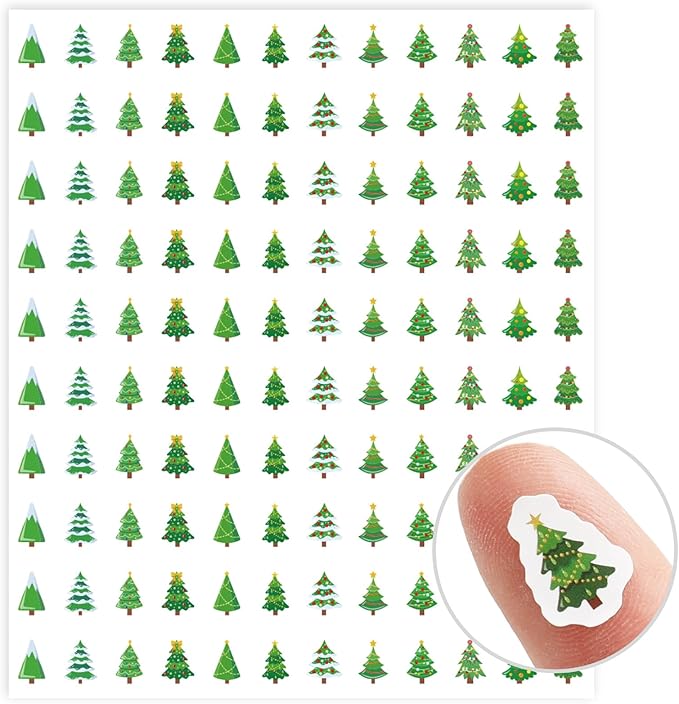 JarThenaAMCS 2400Pcs Mini Christmas Tree Sticker Green Paper Decal 12 Cute Designs Adhesive Sticker for Xmas Winter Planner Envelope Scrapbook Gift DIY Supplies, 0.5 in