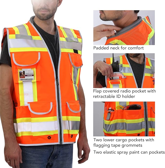Dib Safety Reflective Vest Heavy Duty, High Visibility Two Tone Engineer Vest, Padded Collar, Retractable ID Pocket, Made with 3M Reflective Tape, Orange S