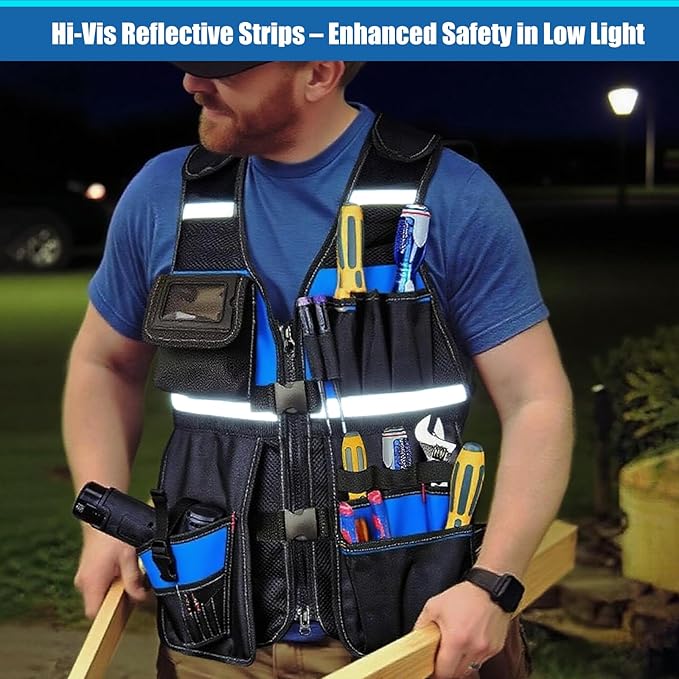 Electrician Tool Vest for Men, Tool Vest Electrician with Molded Drill Holster, 1680D Heavy Duty Adjustable Work Vest, Reflective Workwear with 16 Storage Spaces (Blue)
