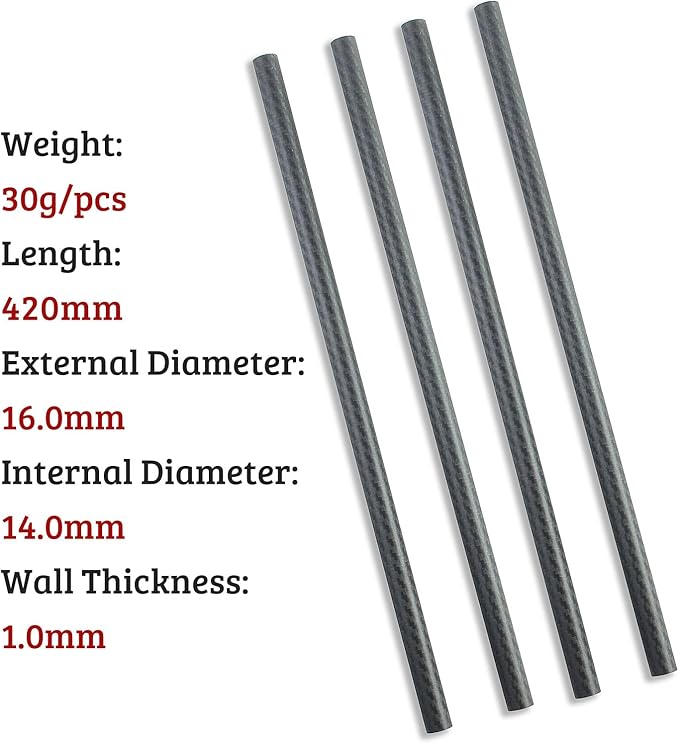 4pcs Carbon Fiber Tube 16x14x420mm,6~50mm Available, 3K roll Wrapped Twill Matte Finish.