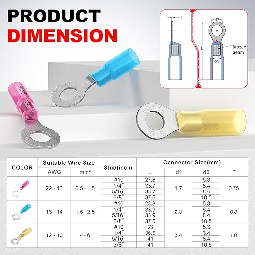 AIRIC 16-14 AWG - 5/16" Heat Shrink Ring Terminals, Copper Terminal Connector Ends, Battery Cable End Lugs, Blue Insulated Electrical Crimp Wiring Connectors, Wire Lug for 16, 14 Gauge Wires, 100 PCS