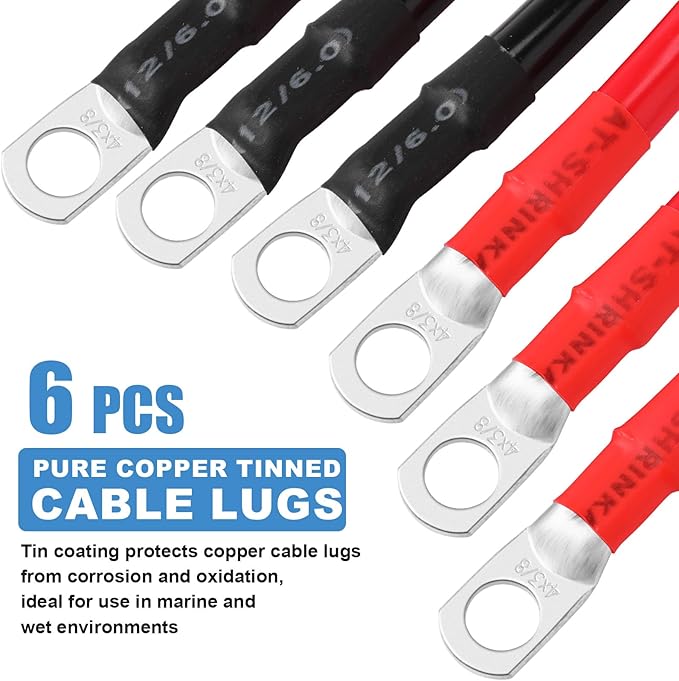 Hoteam 6 Pcs Battery Cable Copper Battery Inverter Cables with Terminals 3/8 Inch Lugs Red and Black Both Ends Power Inverter Wire for Solar Motorcycle Automotive RV Car Boat Marine(4awg,1ft)
