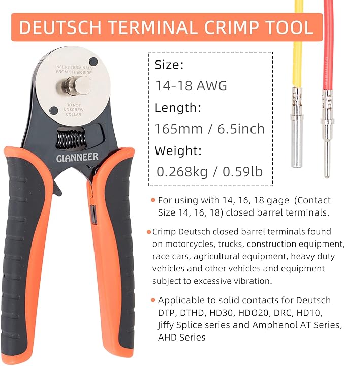 Deutsch Crimp Tool Closed Barrel Crimper 4 Way Indent 8 Impression Type Pin Crimping Tool for Deutsch Connector 14, 16, 18 AWG