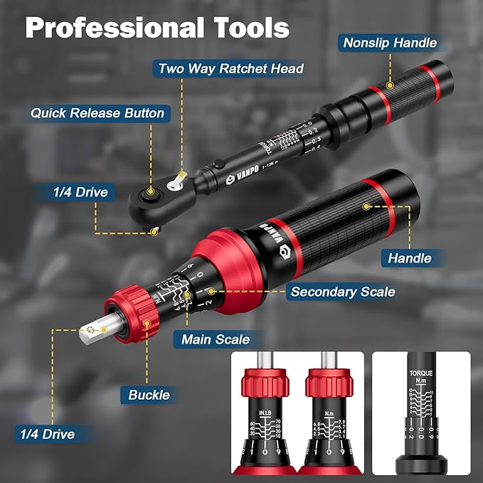 VANPO 49-Pc Torque Screwdriver & Wrench Set | 10-70 in-lb & 1-12Nm Dual Range | S2 Steel Bits & Sockets for MTB Carbon Bikes, Firearm Optics, Scope Mounting & Professional DIY Repairs