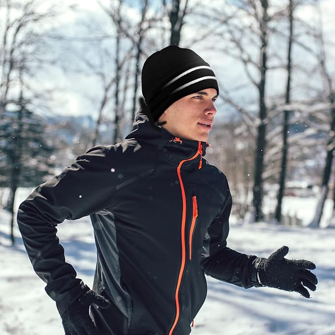 JenPen 3 Pcs Safety Beanie Reflective Hat Winter High Visibility Unisex Knit Beanie Hat Running Cap Headwear for Men Women