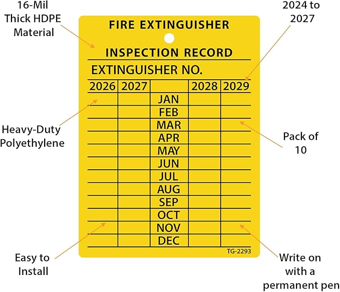 SmartSign 4-Year Yellow Fire Extinguisher Tags Monthly Inspection (10-Pack), 2.25" x 3", 2026 to 2029, Heavy-Duty Polyethylene, Tear Proof, 2+ Year Outdoor Life, Made in USA