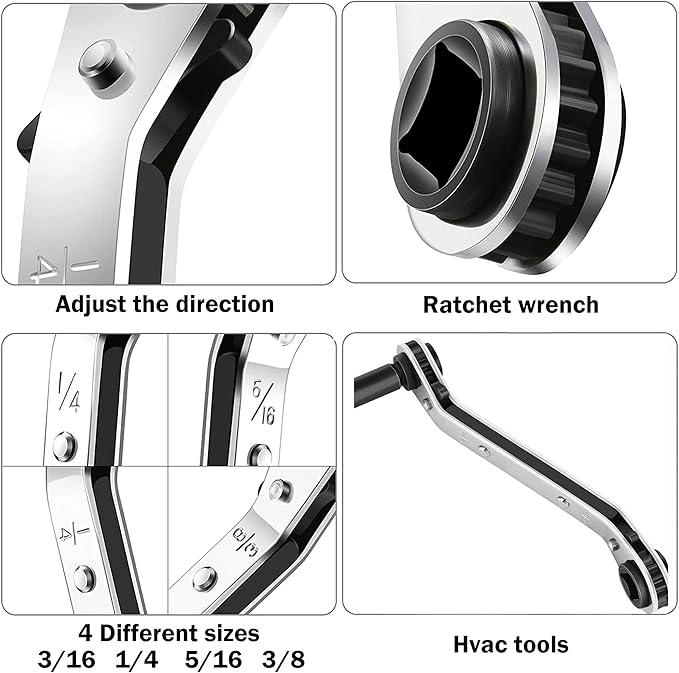 Hvac Service Wrench Tools:3/16” to 3/8” 5/16'' x 1/4''Air Conditioner Valve Ratchet Wrench with 2 Hexagon Bit Adapter Kit for Air Refrigeration and Equipment Repair Tools Clearance