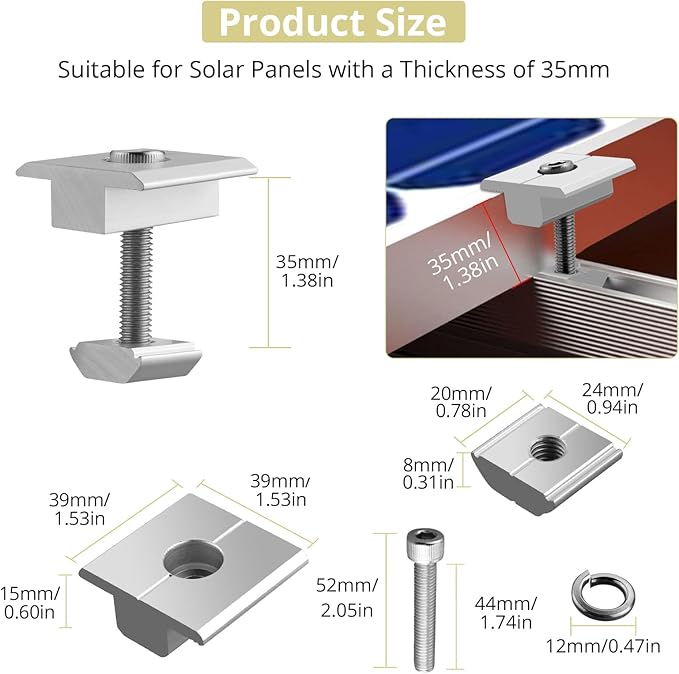 Anbte 10pcs Solar Panels Centre Clamps, Aluminium T-Shaped Mid Clamps 35mm Solar Panel Mounting Brackets Solar Mounting Rail Connector for Tin Roof, Flat Roof, Sheet Roof, Slvier