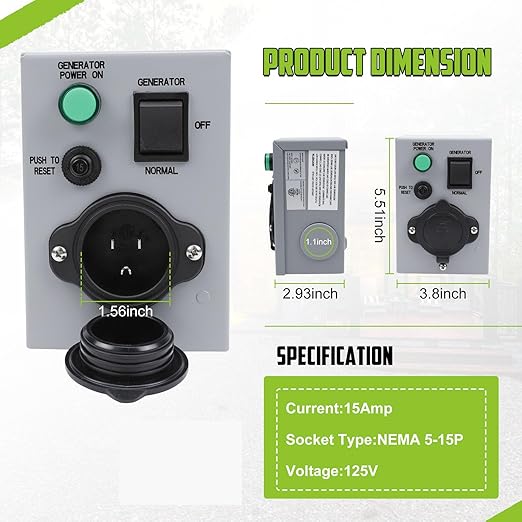 TIPHOPE Manual Generator Transfer Switch with Circuit Breaker,125V 15 Amp NEMA 5-15P Pre Wired Power Transfer Switch Weatherproof Generator Inlet Box for Generator Outdoor Indoor Use-1 Year Waranty