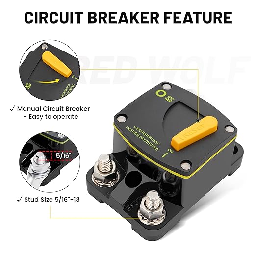 RED WOLF 150A Circuit Breaker Switch Manual Reset DC 12-48V, 5/16"-M8 Stud for Car Audio RV Marine Boat Truck Trolling Motors Stereo Audio Electronic Battery Solar System