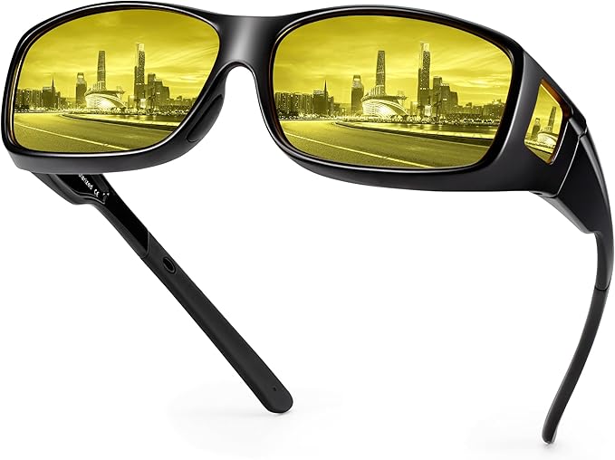 URUMQI Night Vision Driving Glasses Fit Over Eyeglasses for Men Women, Anti Glare Polarized Nighttime Glasses Yellow Lens