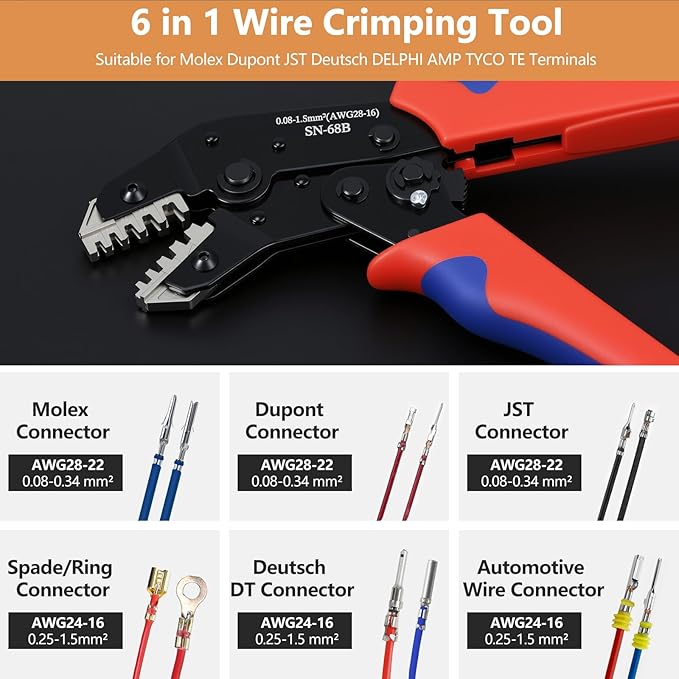 6 in 1 Wire Crimping Tool, Amliber AWG 28-16 Wire Crimper for Non-Insulated Open Barrel Terminal Connectors, Electrical Crimping Pliers for Molex Dupont JST Deutsch DELPHI AMP TYCO TE Terminals