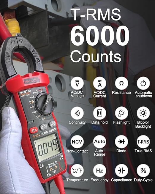 Digital Clamp Meter, Multimeter TRMS 6000 Counts Amp Volt Meter Auto-ranging Measures AC/DC Voltage, AC/DC Current Capacitance NCV Frequency Live Wire Resistance Diode Temperature Continuity MY2610D