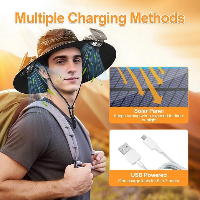 Wide Brim Solar Fan Outdoor Fishing Hat, 2 Solar Fan Hats for Men, Hat with Solar Fans Built in, Fishing Hat with Fan for Men