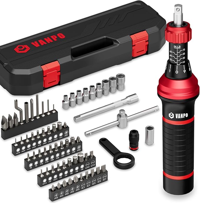 VANPO Torque Screwdriver, 64 Pcs 10-70 Inch Pound Torque Screwdriver Set with T-Bar & S2 Bits, Accurate 1/4" Small Torque Wrench Screwdriver for Bike, Scope Mounting & Device Assembly