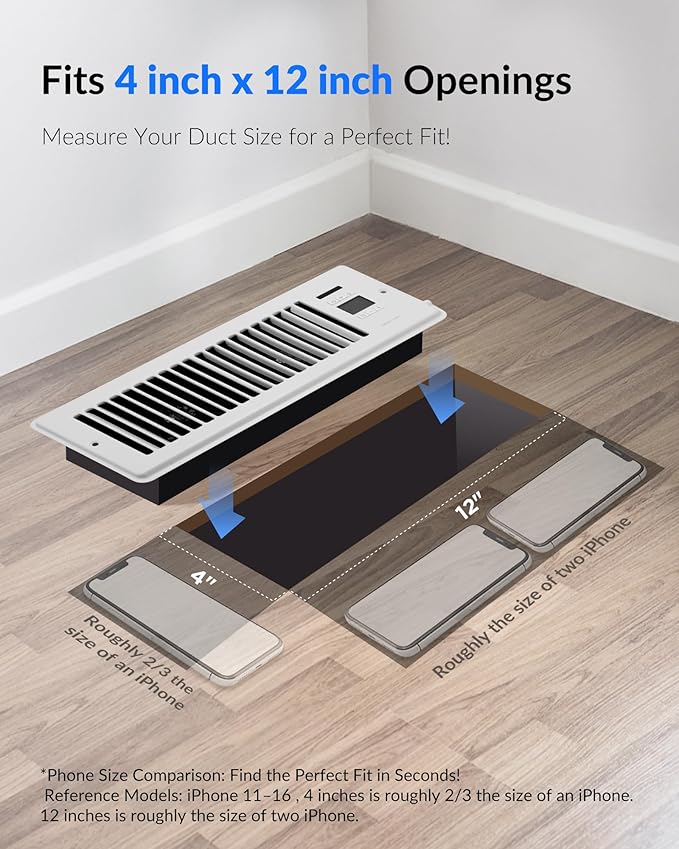 Super Quiet Register Booster Fan for 4" x 12" Register Holes, Smart Vent with Dual Intelligent Thermostat and WIFI App Control, Heating Cooling AC Vent Fan (White)