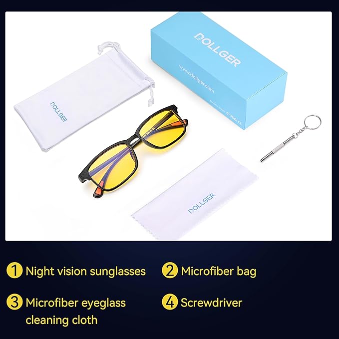 Dollger Night Vision Glasses for Driving Square Anti Glare UV400 Protection Lightweight Nighttime Eyewear for Men and Women