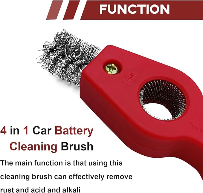 4 in 1 Car Battery Terminal Cleaning Brush, Anti-Rust Auto Battery Cleaner Brush Tool, Universal for Automotive and Marine for Plumbing Installation Soldering Brazing, Car Accessories (Red)