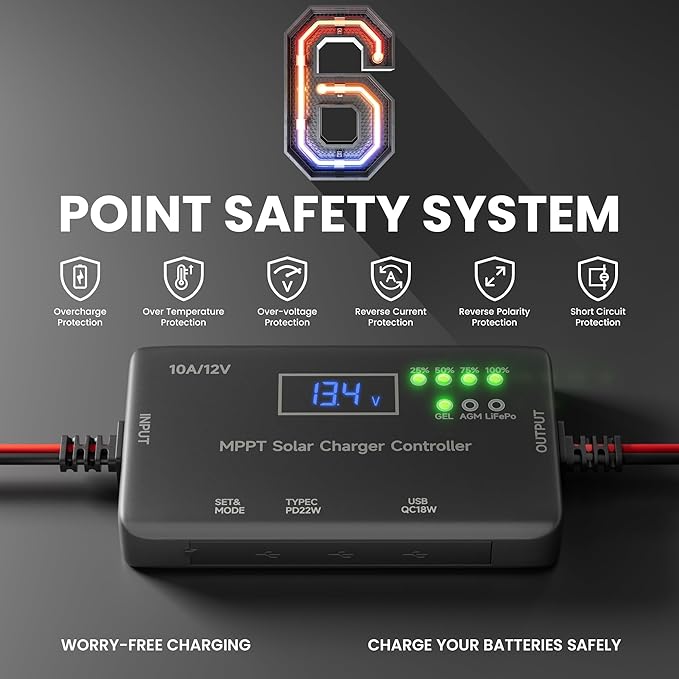 MPPT Solar Charge Controller 12V 10A, Solar Panel Charge Controller with Type-C and USB Output for Solar Panel and Gel, AGM, LiFePO₄ Battery