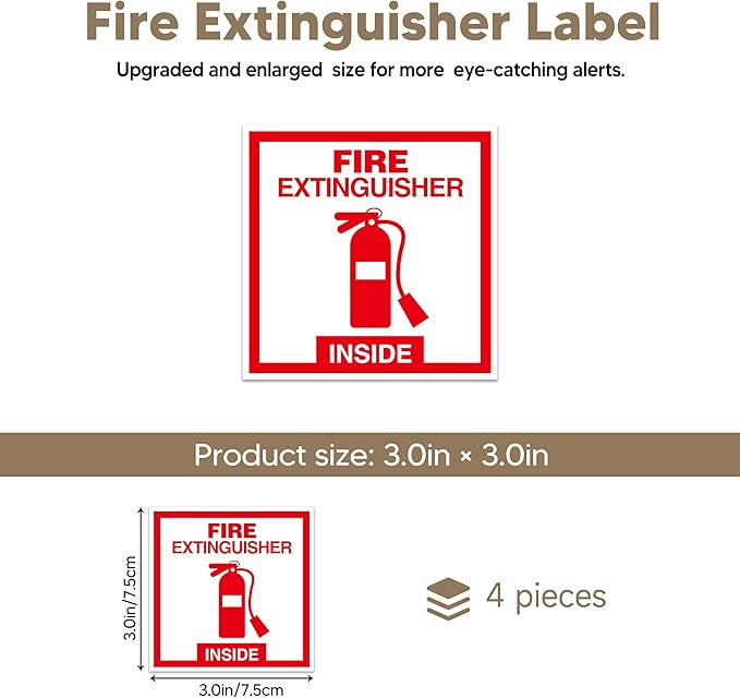 4 PCS Fire Extinguisher Inside Sign Stickers, Self-Adhesive Waterproof and Fade-Resistant Vinyl Fire Safety Label Decal for Business,Home,Trucks,Fire Extinguisher Boxes,Hydrant Containers