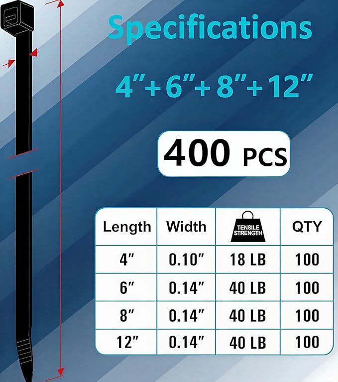 Zip Ties 400 Pack (4”, 6”, 8”, 12”) – Assorted Cable Ties for Cable Management, Wire Organization, Electrical Accessories, Garden & Home Improvement, UV Resistant GripLock Ties BY OPM Premium