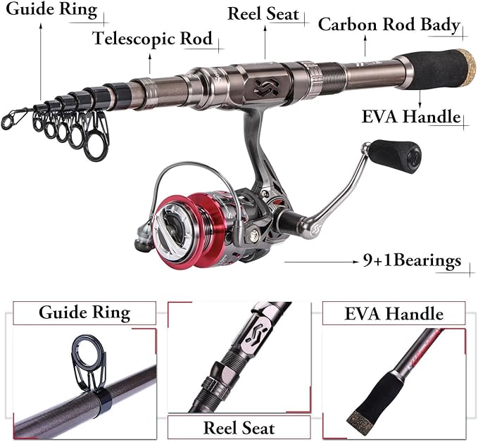 Sougayilang Fishing Rod Reel Combinations, 24 Ton Carbon Fiber, Portable Telescopic Fishing Rod Spinning Reels for Travel Saltwater Freshwater Fishing Gifts for People
