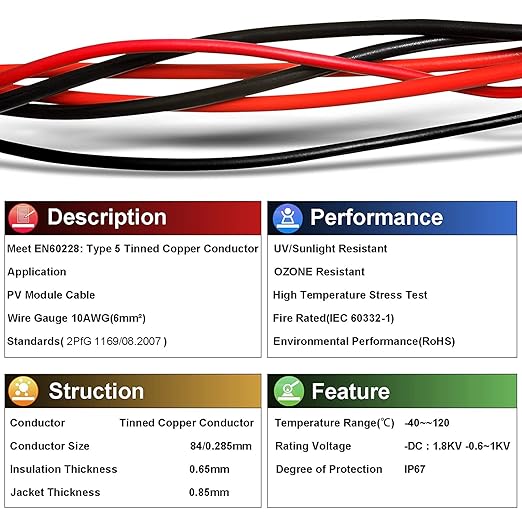 Solar Panel Wire - iGreely 100Ft 10 Gauge Tinned Copper PV Wire Solar Panel Extension Cable UV Resistant Cable for Boat Marine Automotive RV Solar Panel Outdoor - Black