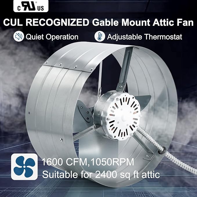 Criditpid 15" Gable Mount Vent Attic Fan, Exhaust Ventilation Fan with Adjustable Thermostat for Gable, Home, Shed, Garage, Portable Building, 4A, 1600CFM, 1050RPM, 2400 Sq.Ft Coverage Area.