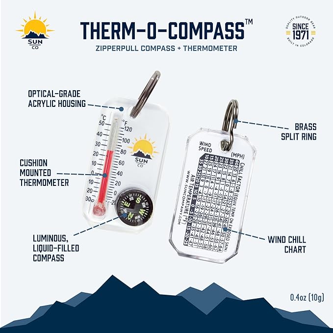 Sun Company Therm-o-Compass | Multi-Functional Zipper Pull Compass & Thermometer with Wind Chill Chart | Ideal for Camping, Hiking, and Outdoor Navigation