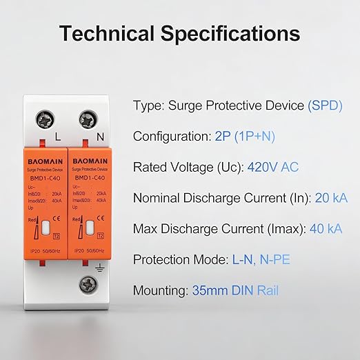 Baomain 2P (1P+N) Surge Protective,420V AC 40kA,BMD1-C40 Single-Phase SPD with Neutral Protection,DIN Rail Mounting,Flame Retardant Housing