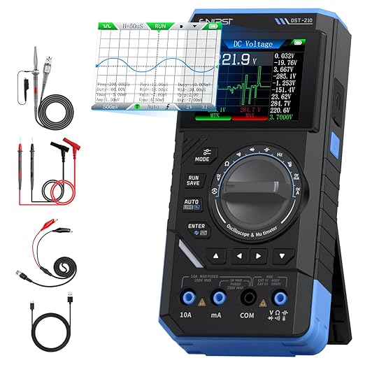 FNIRSI DST-210 Handheld Oscilloscope 10MHz Bandwidth, 19999 Counts, Digital Oscilloscope Multimeter DDS Generator 3IN1, 48MS/s Sampling Rate, AC/DC Voltage Current, Capacitor, Resistor, Diode Test