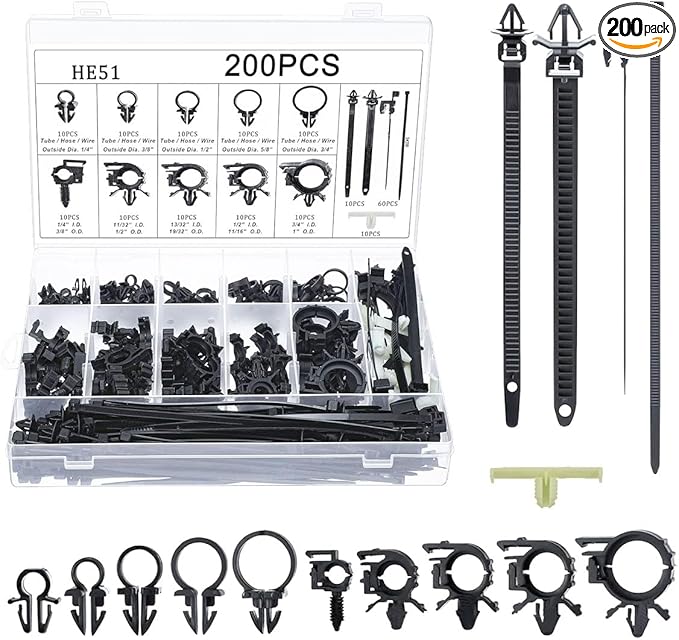 200PCS Car Wire Loom Routing Clips, Push Mount Cable Tie Assortment Kit, 15 Different Sizes Automotive Wiring Harness Clip, Universal Replacement Part for Most Vehicles